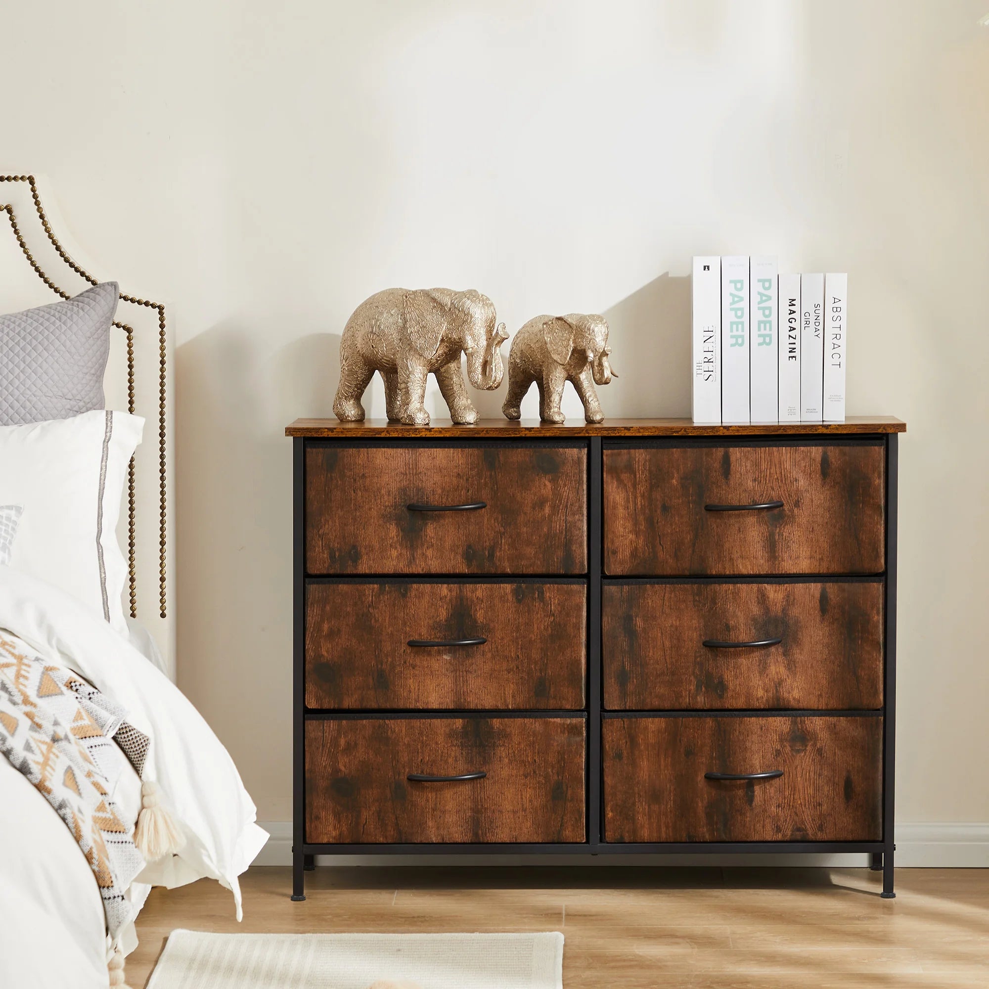 6 Drawer Fabric Dresser Nightstand with Wooden Top Storage Unit