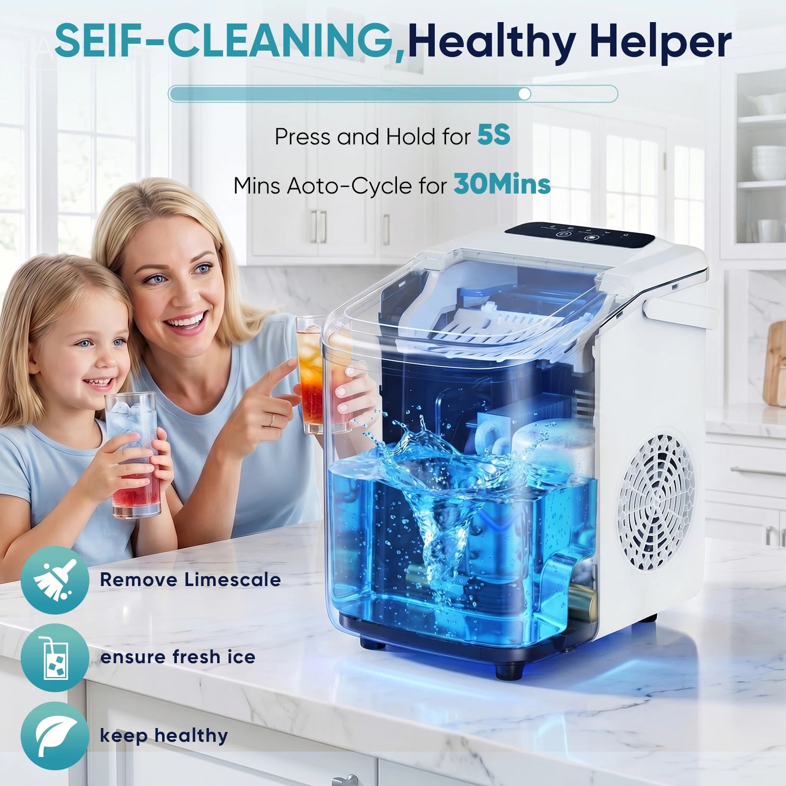 Portable Countertop Ice Maker – 9 Cubes in 6 Minutes, 26lb Daily