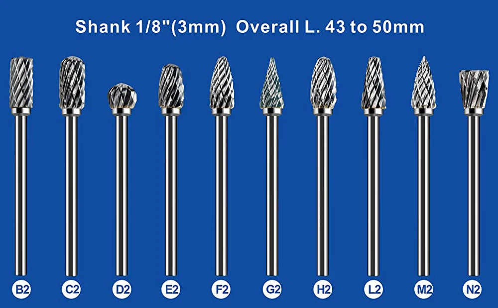 Ten-Piece Carbide Rotary Burr Set - 1/8-Inch Shank