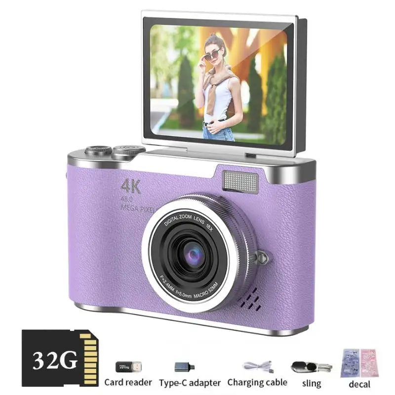 4K Digital Camera with 48MP, 8X Zoom, 180° Flip Screen, 32GB Card