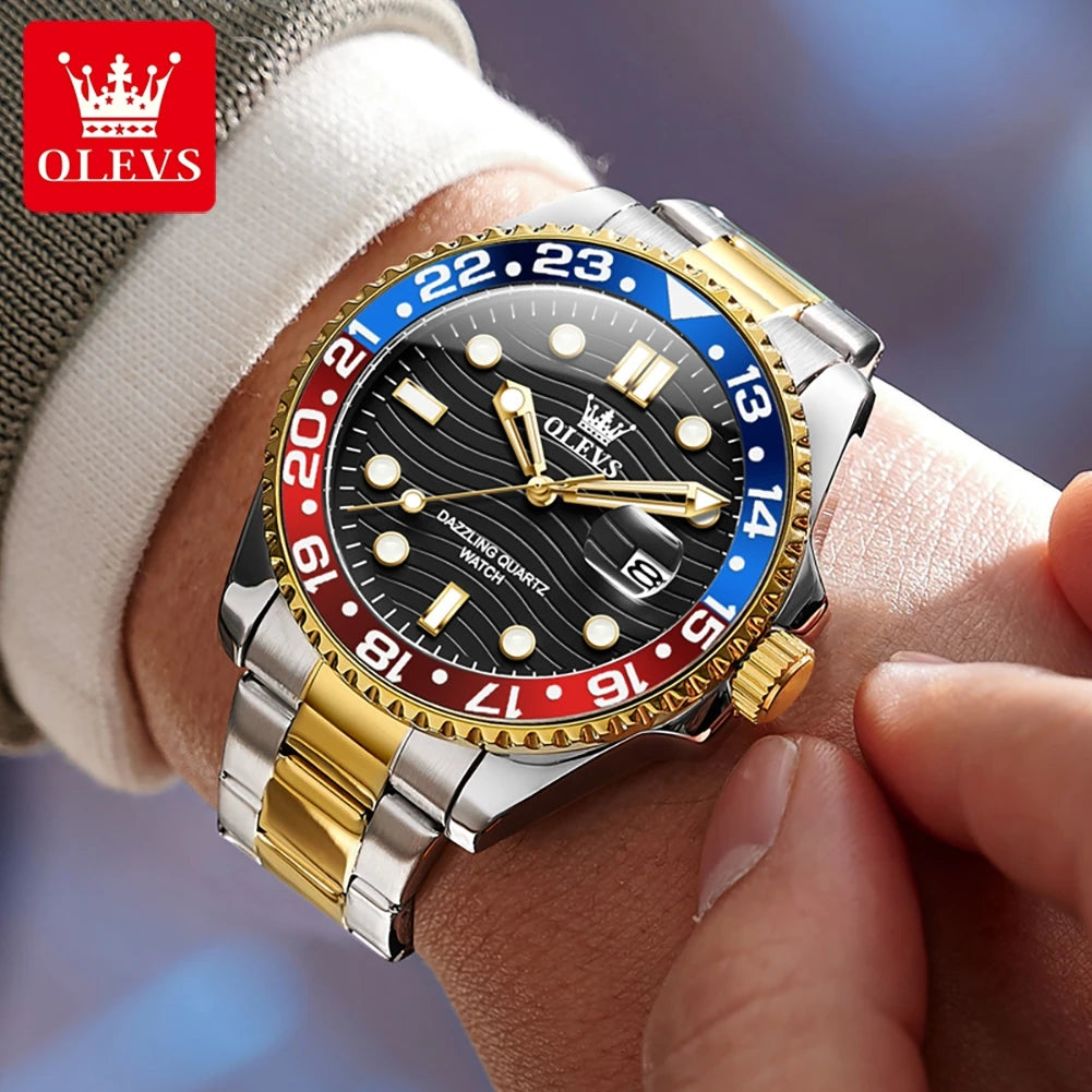 OLEVS New Quartz Watch for Men Stainlss Steel Strap Diving Series Colorful Bezel Fashion Luxury Brand Original Men's Wristwatch