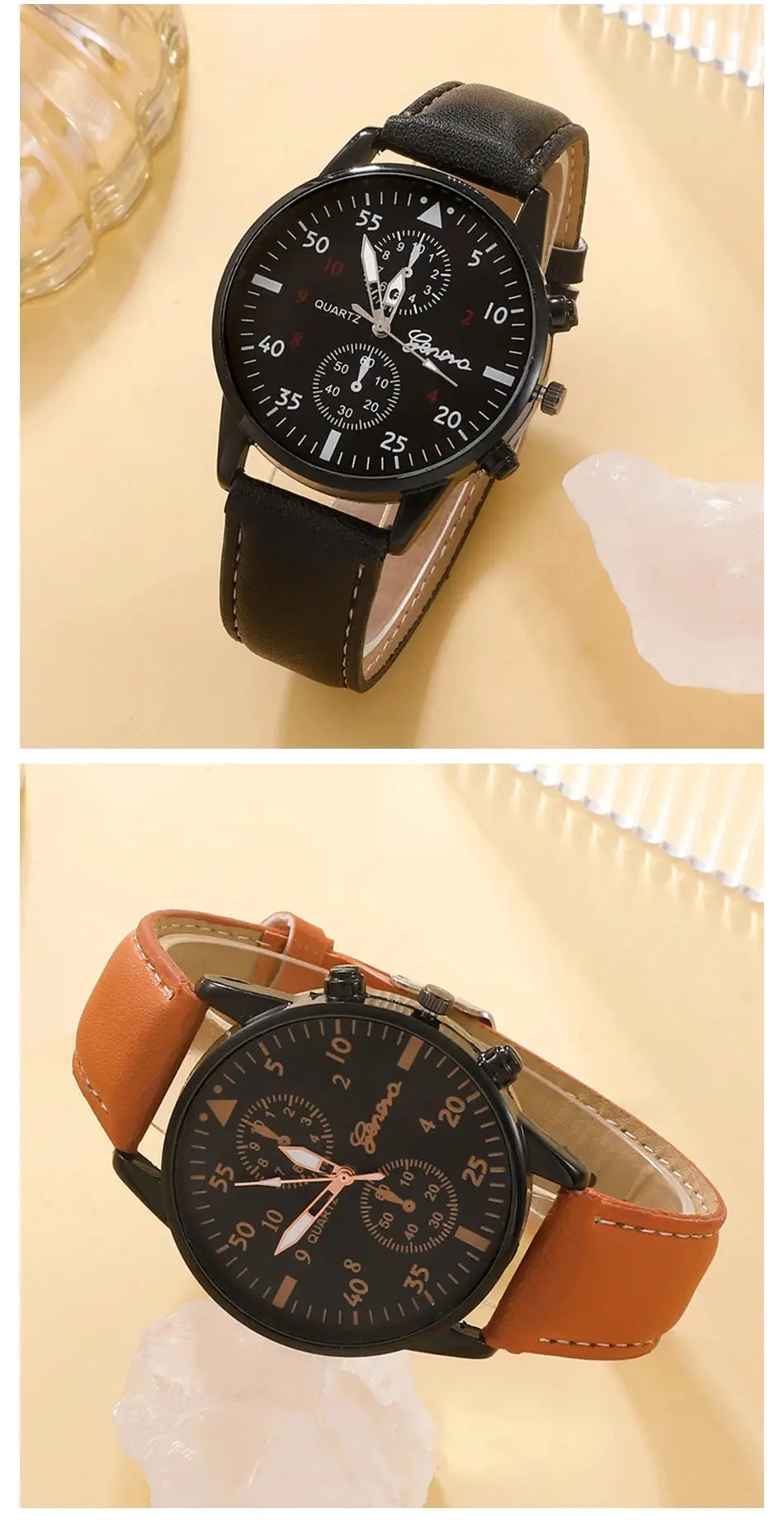 Men Watch Bracelet Set with Brown Leather Strap