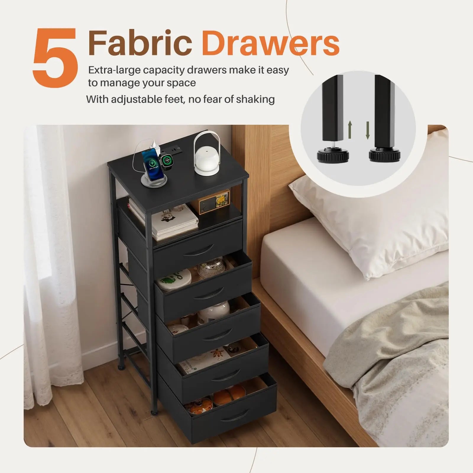 5-Drawer Nightstand with Charging Station, LED Lights & Storage
