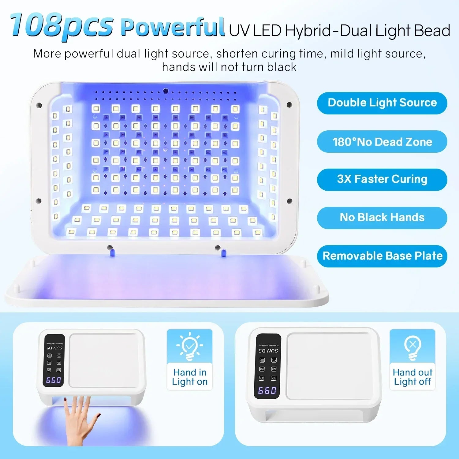 480W UV LED Nail Lamp with Large Space and Whitening Mode