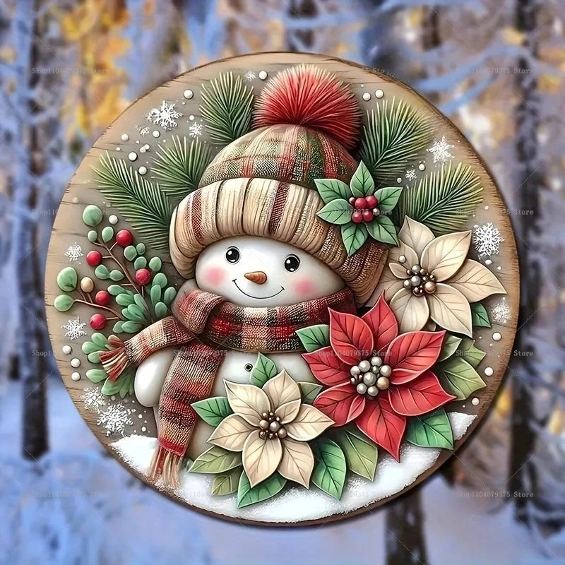 Merry Christmas Winter Snowman Metal Sign - Round Hanging Decoration for Front Door and Home Wall