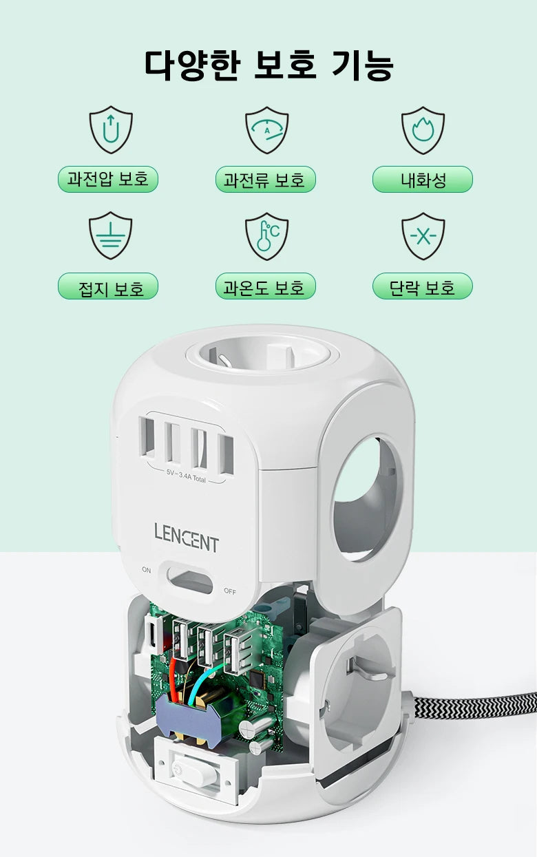 LENCENT EU Plug Power Strip with 4 AC Outlets 3 USB Port 1 Type C 2M/3M Braided Cable Multi Socket with Switch for Home