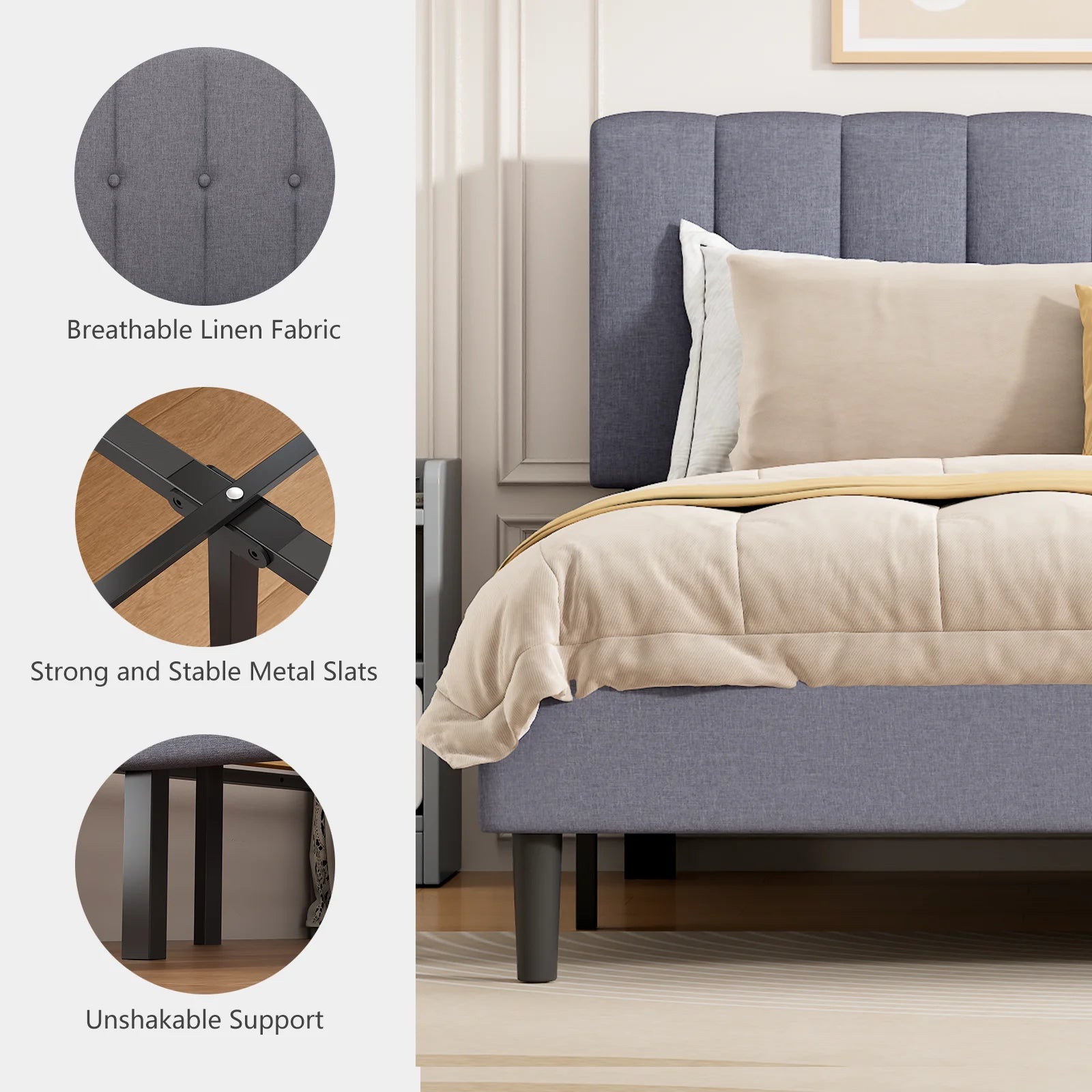 Wooden Upholstered Bed Frame with Adjustable Headboard, No Box Spring