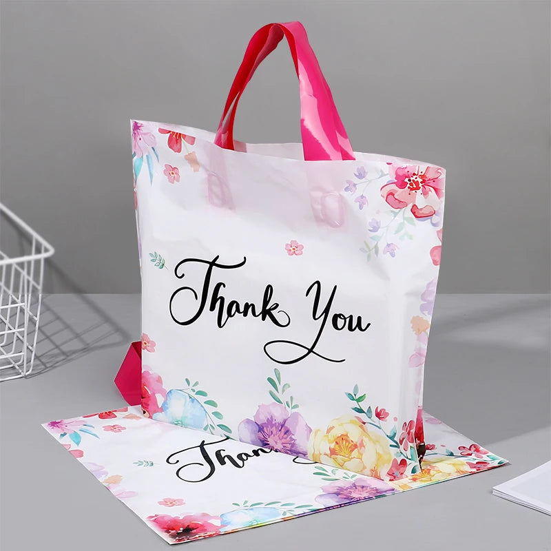 10/20/30Pcs Thank You Gift Bag Floral Design Plastic Tote Bags for Wedding Birthday Party Gift Packaging Thanksgiving Christmas