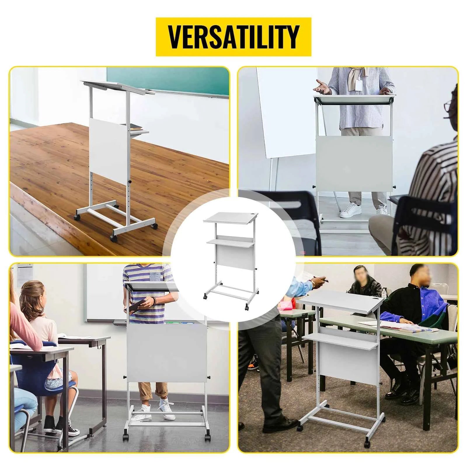 Height Adjustable Portable Standing Lectern with Casters and Storage Shelf