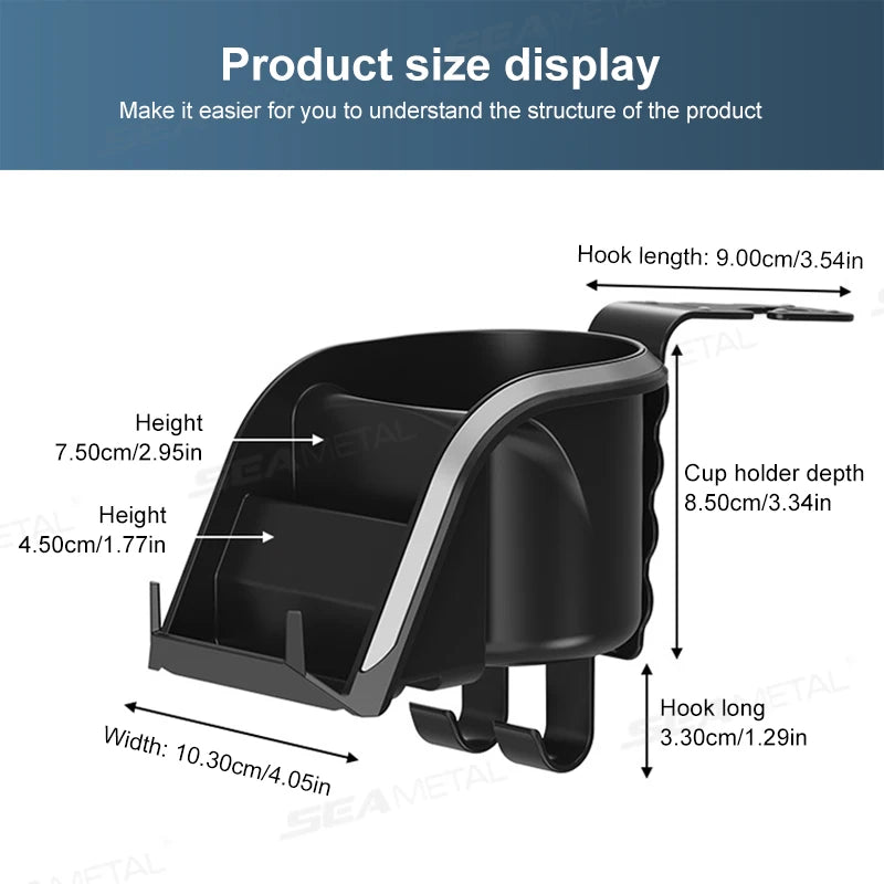 SEAMETAL 3 in 1 Car Headrest Cup Holder Car Rear Row Drink Holder Phone Mount Storage Organizer Large Load-Bearing Stable Hook