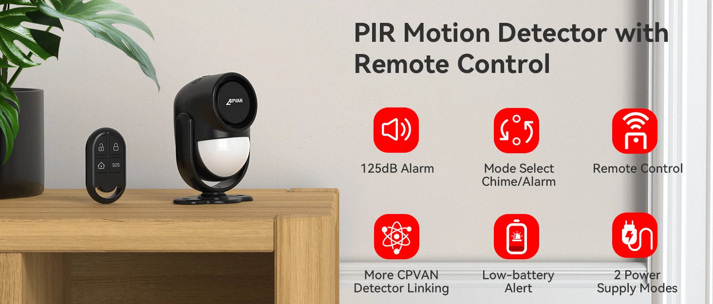 CPVAN Bezdrôtový pohybový senzorový alarm s detekciou 8 m a sirénou 125 dB