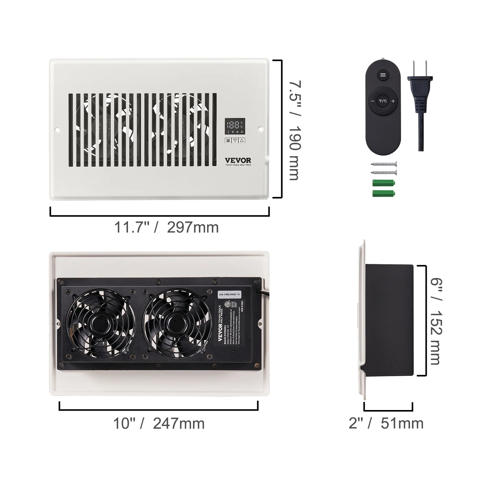 Ventilatore booster SucceBuy 4x12in, ventilatore a condotto da 100CFM, 10 velocità regolabili con controller intelligente LCD per parete e pavimento