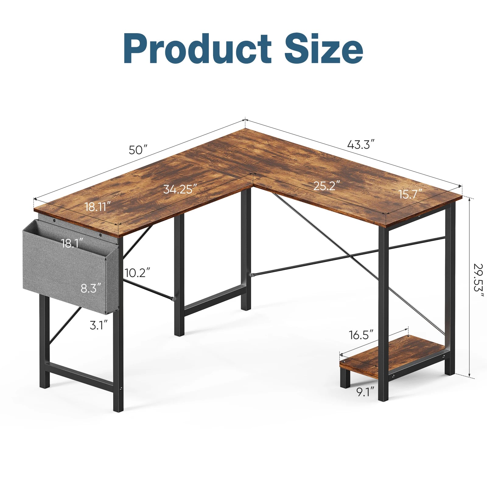 50 Inch L-Shaped Corner Desk with CPU Shelf & Storage Bag