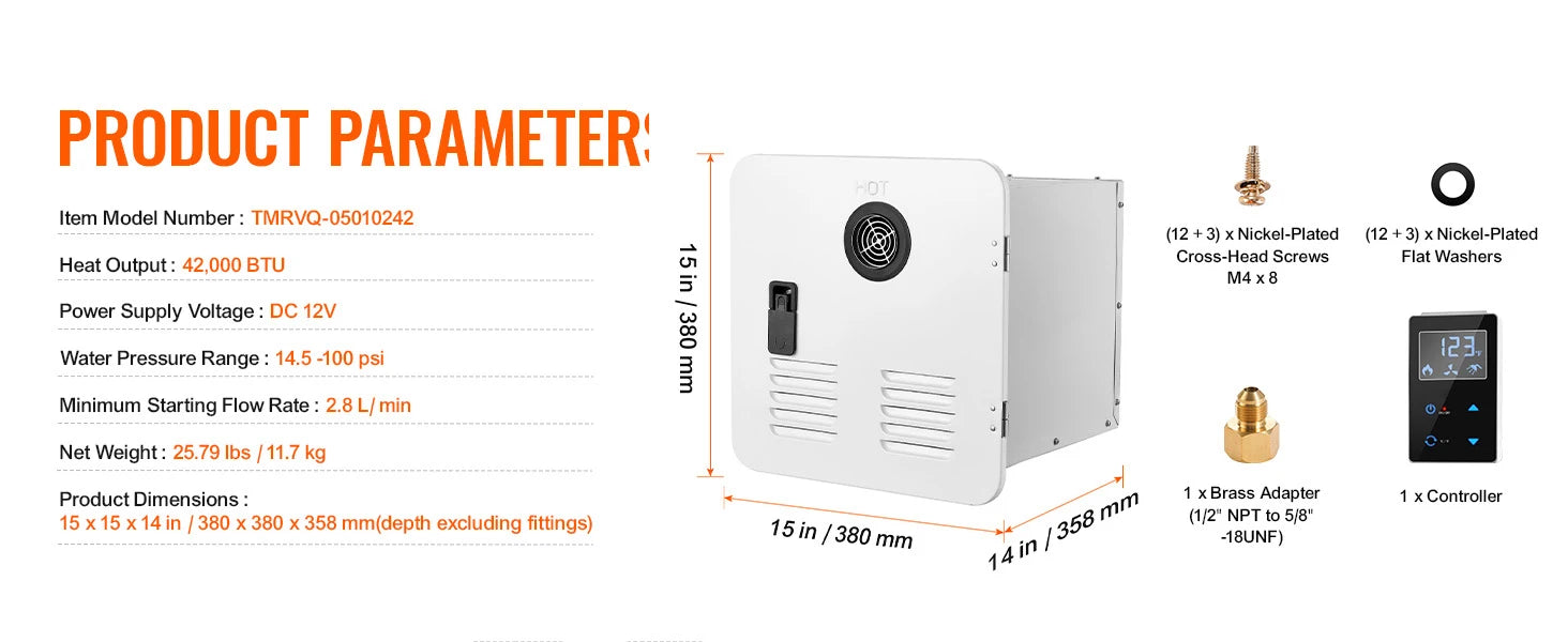 RV Tankless Water Heater 42,000 BTU Instant Hot Water 15x15