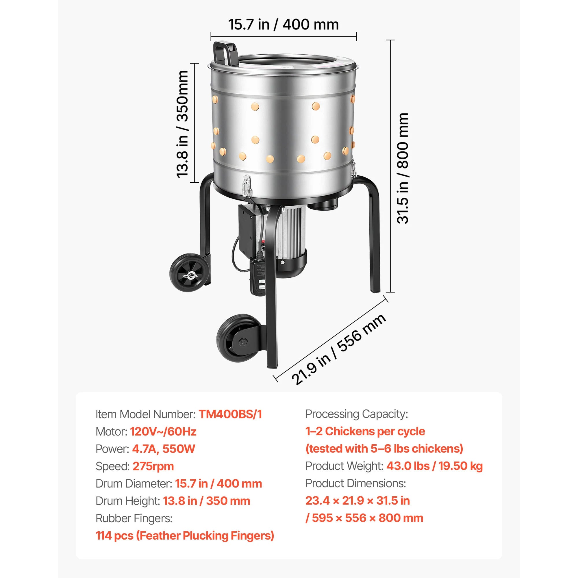 Electric Chicken Plucker Machine with Soft Fingers and Transport Wheels