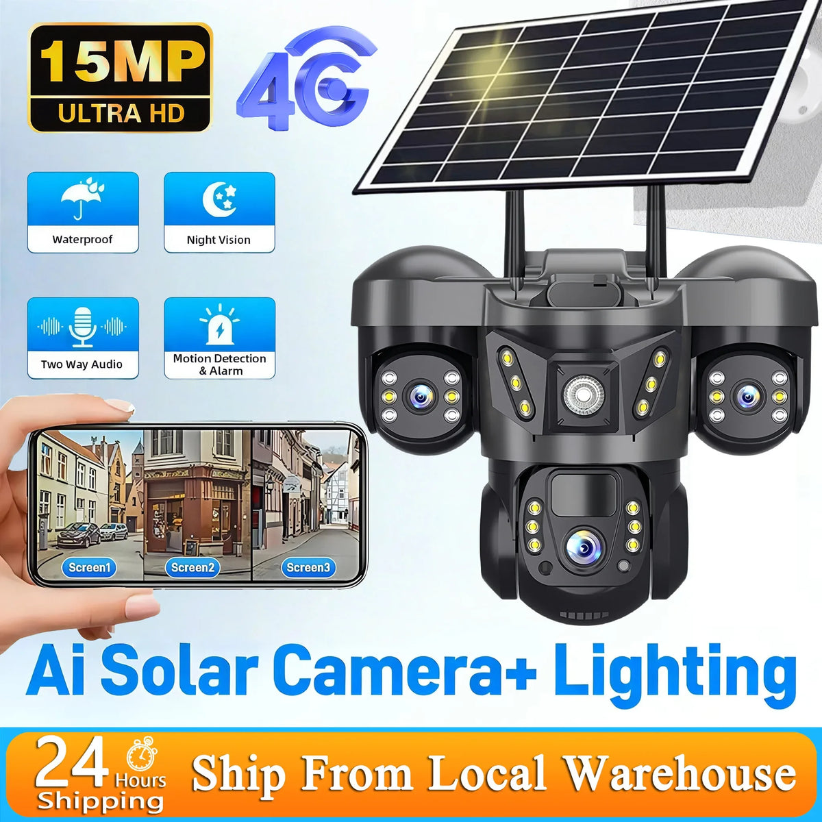 15MP 6K Solar-Powered 4G Triple-Lens Outdoor Security Camera