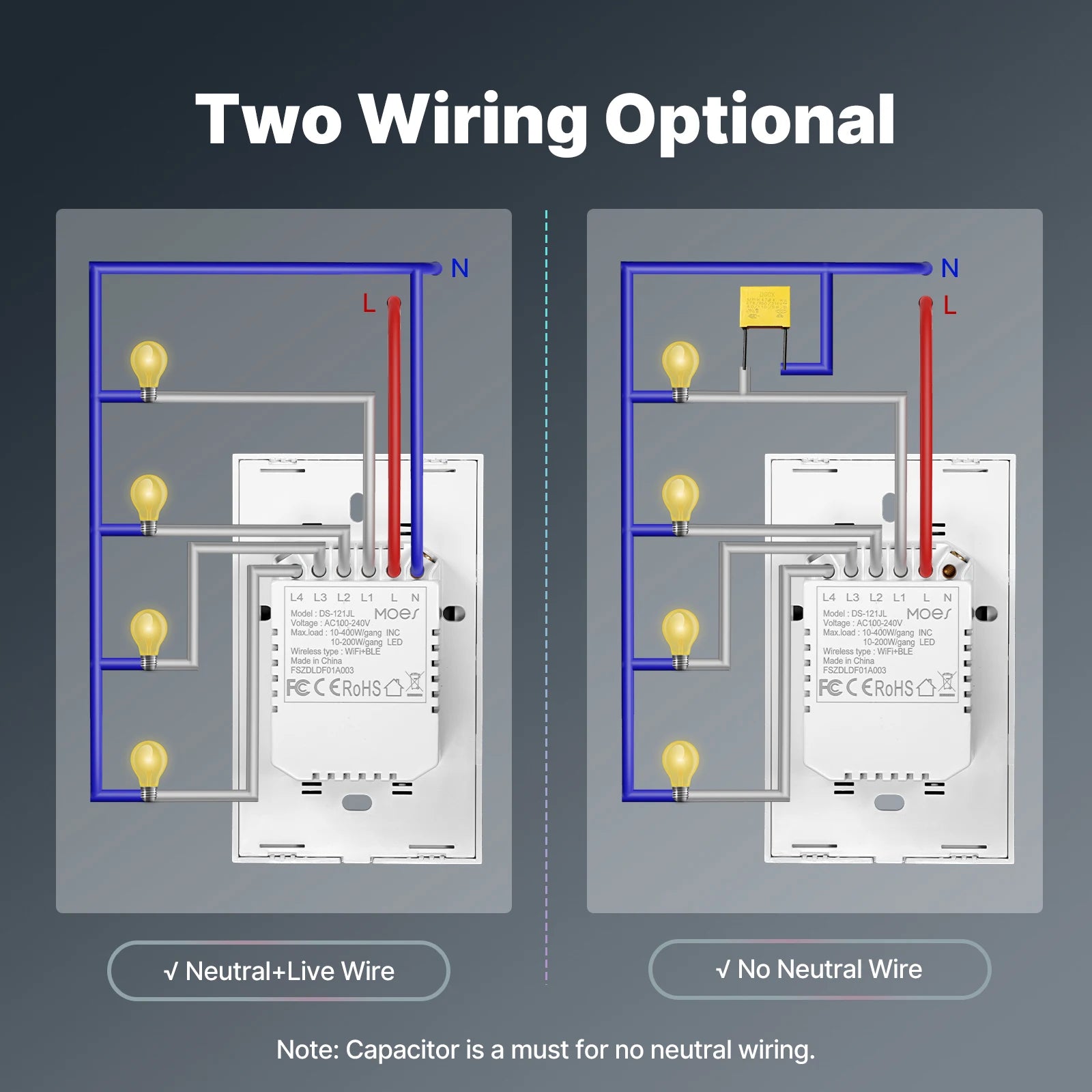 Smart Light Switch No Neutral WiFi Touch Control