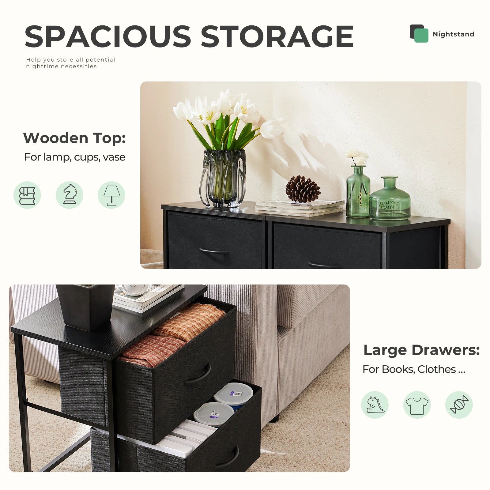 Set of 2 Fabric Drawer Nightstands with Storage and Metal Frame