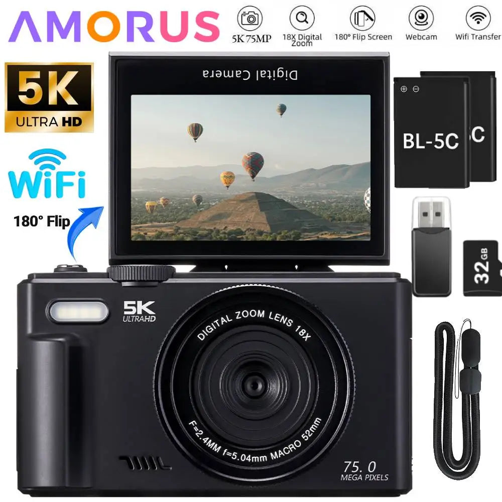 75MP Digital Camera 5K 18X Zoom Flip Screen WiFi