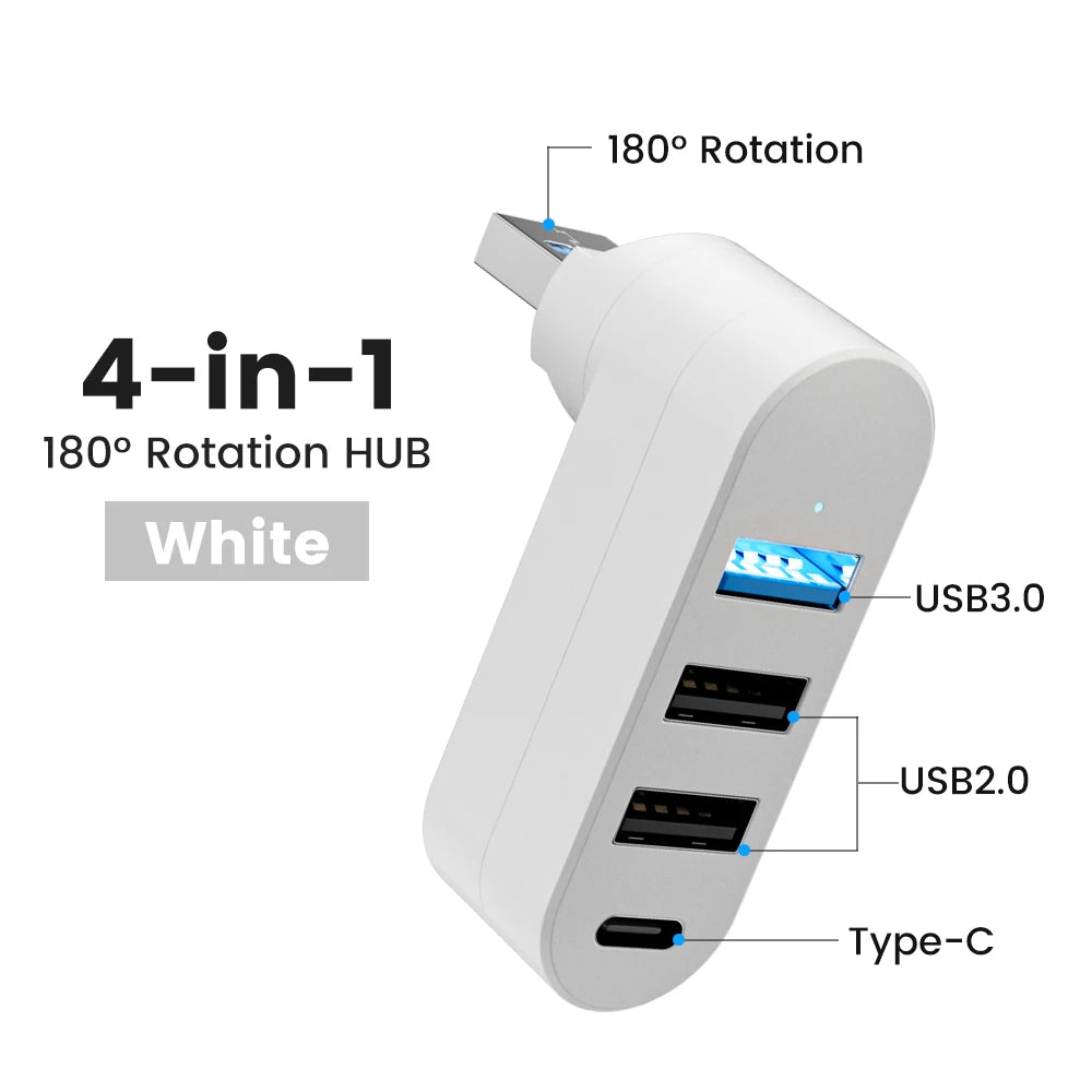 Hub USB rotativo com três portas USB-A e uma porta USB-C
