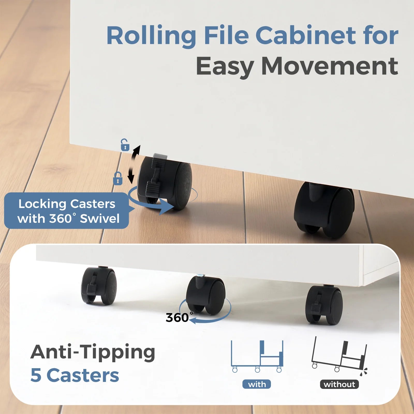 2-Drawer Rolling File Cabinet with Lockable Wheels for Home Office