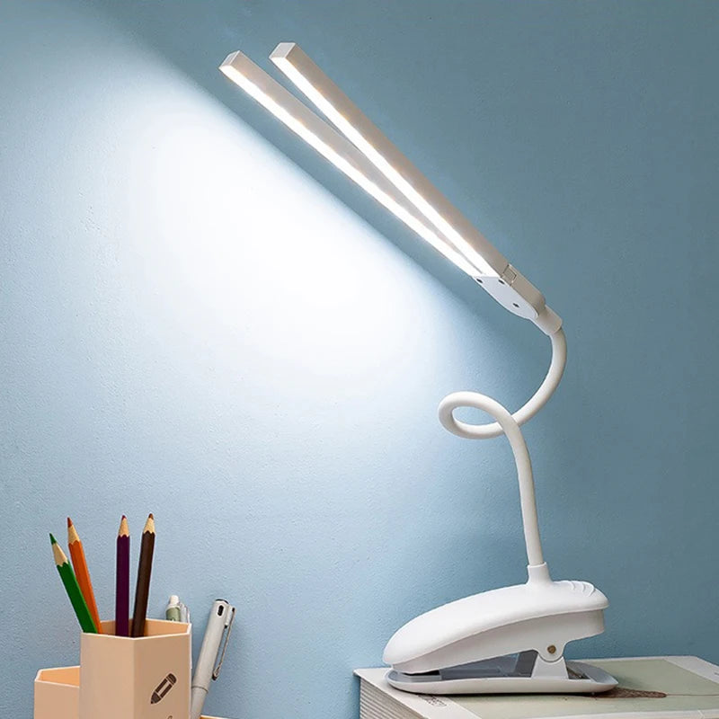 LED Clip Reading Lamp with Two Heads and Touch Dimming