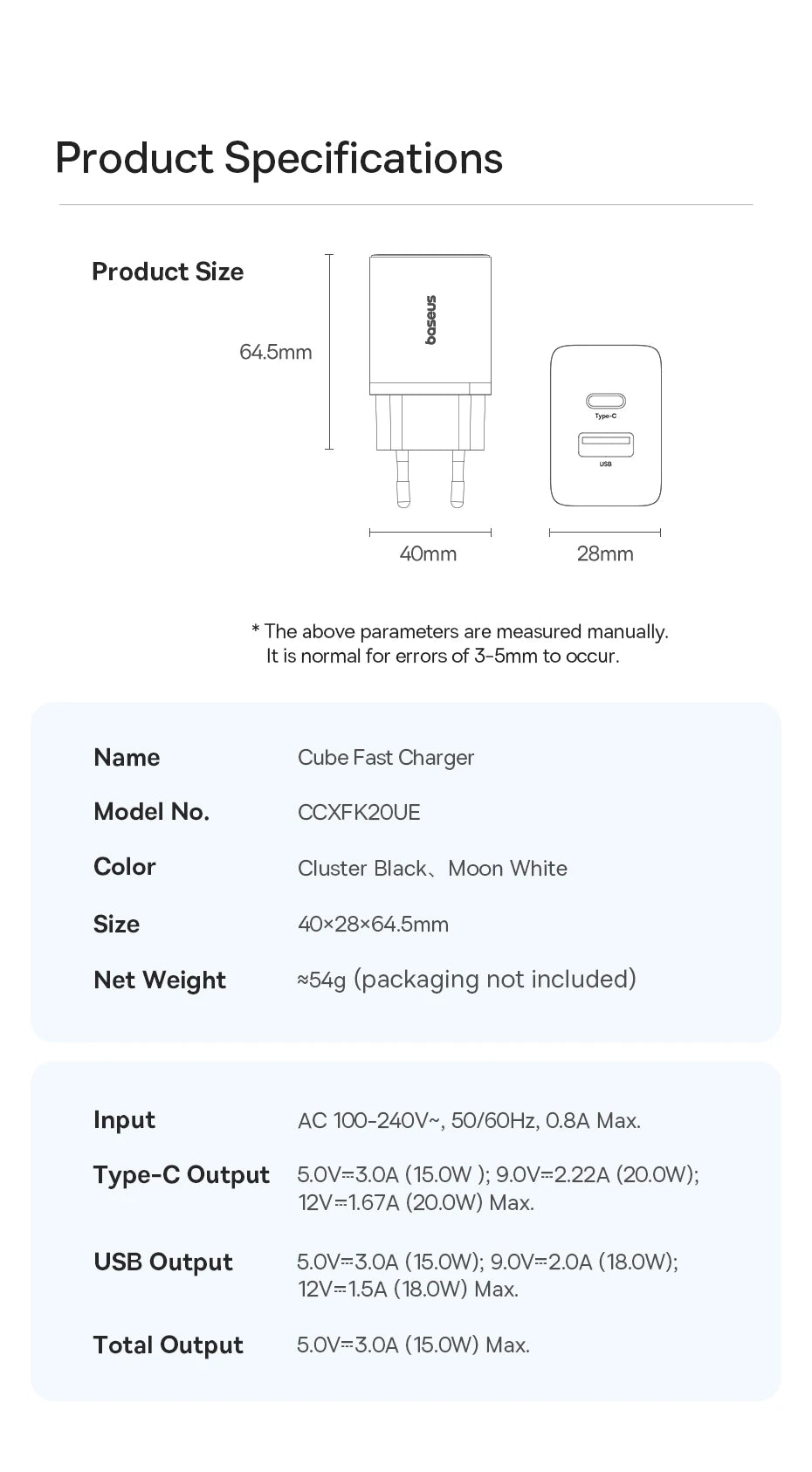 Baseus 20W USB Şarj Cihazı Çift Hızlı Şarj Girişli