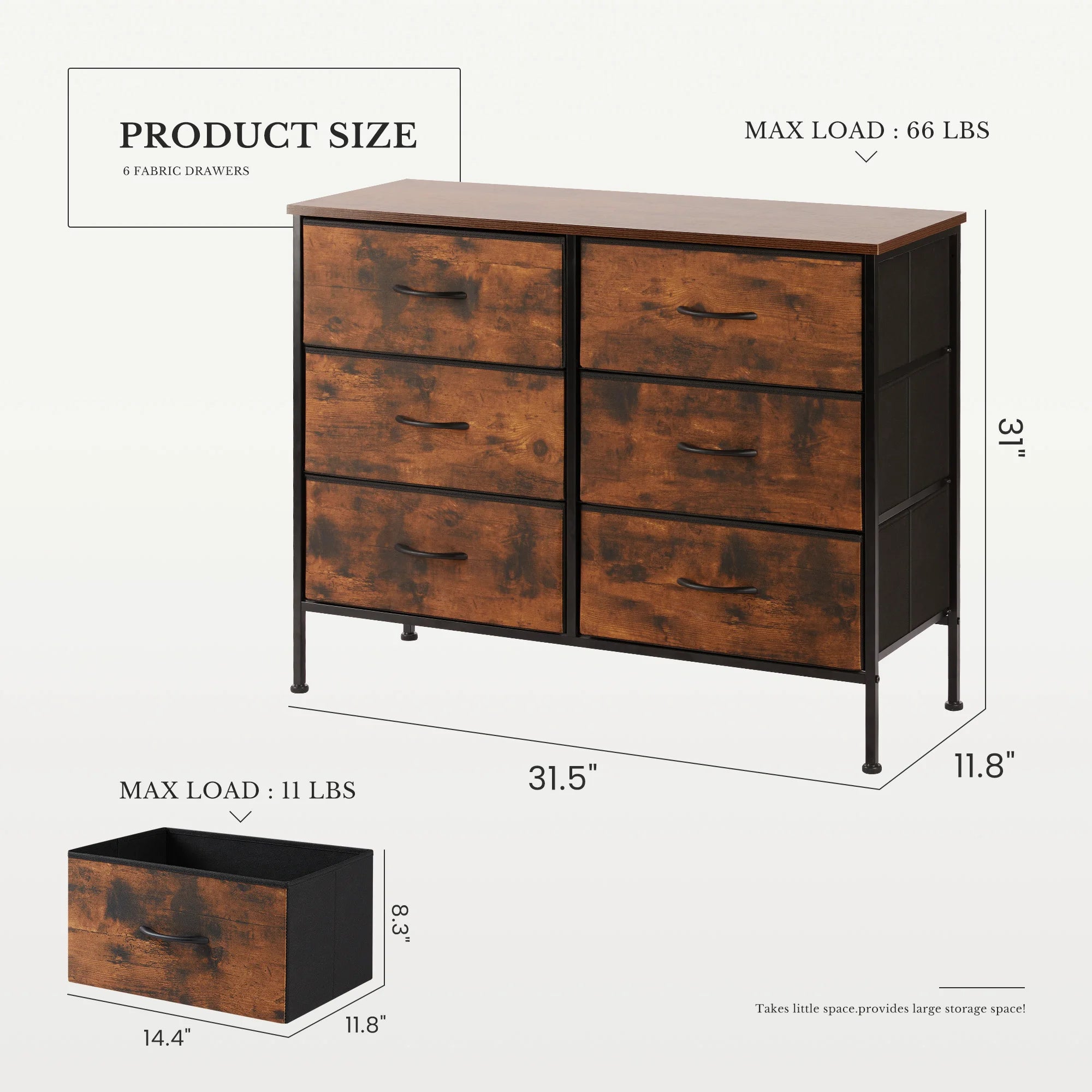 6 Drawer Fabric Dresser Nightstand with Wooden Top Storage Unit