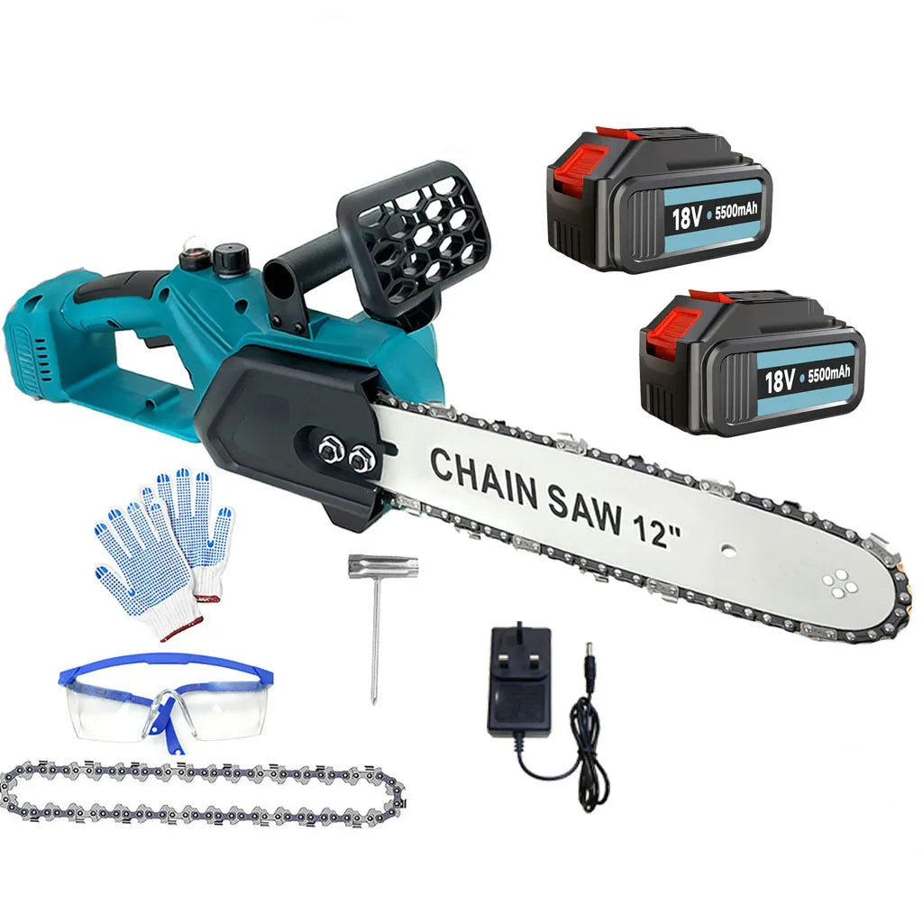 2x Battery 12'' Electric Cordless Chainsaw Power Wood Cutter Saw For Makita 18V with oil system