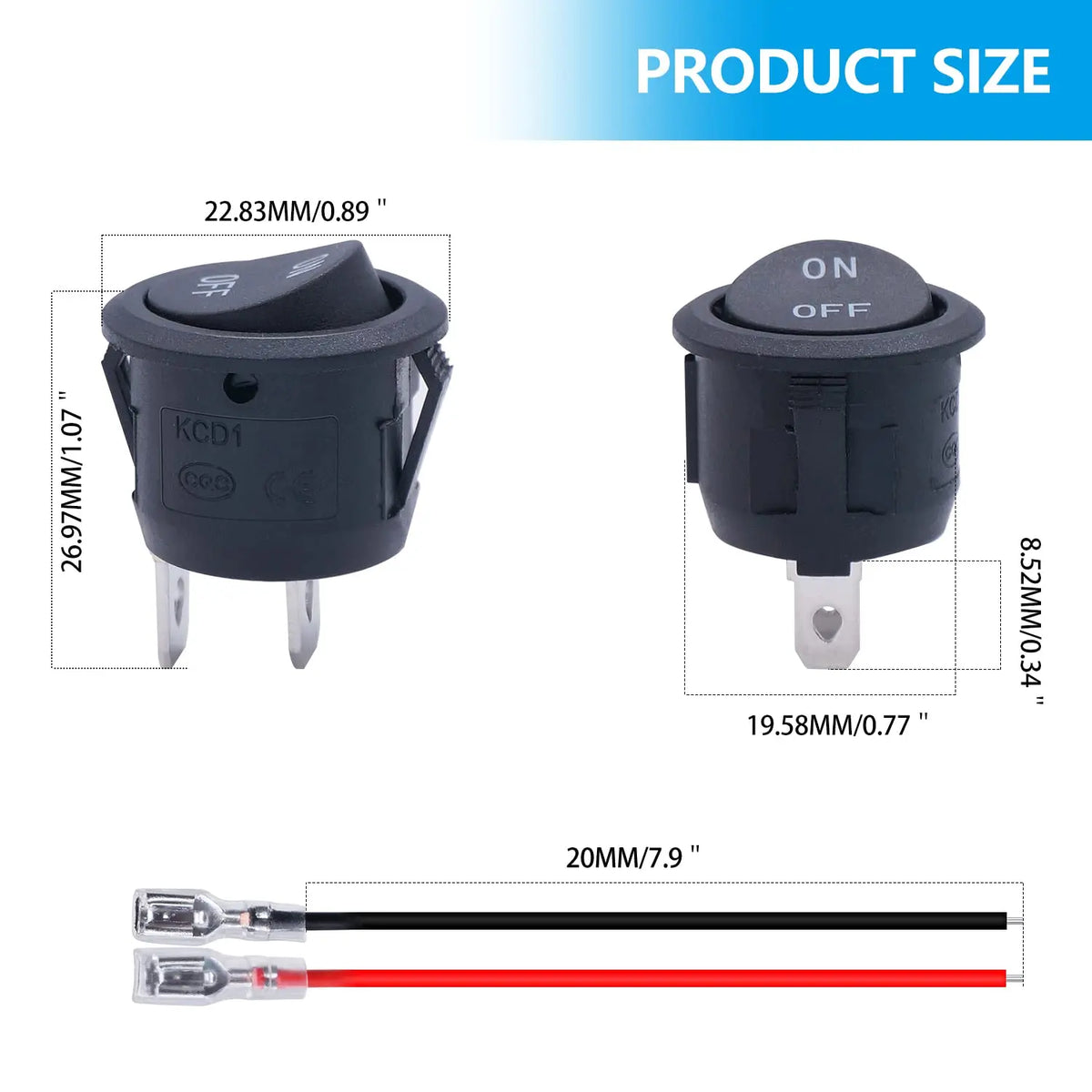 Rund vippebryter med av/på, SPST, 20 mm, miniatyrbryter for 12 V DC, 12 V for bil, campingbil, 2 pinner