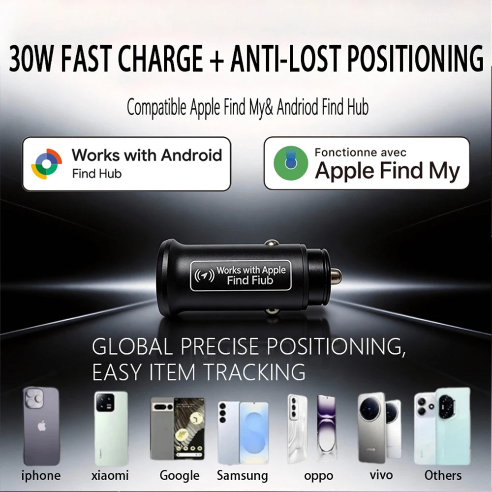 Încărcător auto 30W USB Type C cu locator GPS pentru Apple Find My App Android Find Hub APP Anti-loc Locator