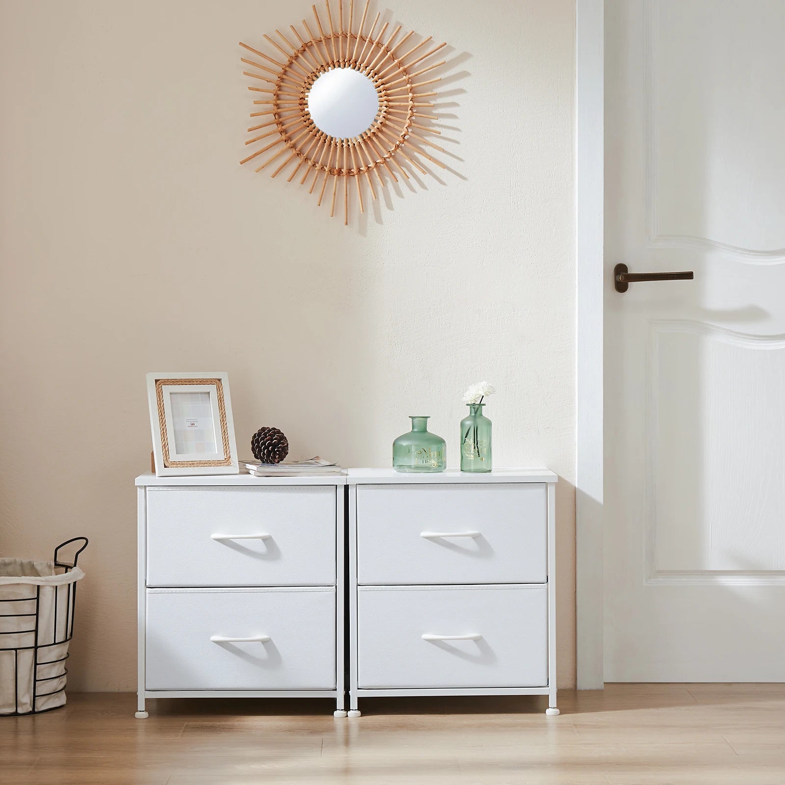 Set of 2 Fabric Drawer Nightstands with Storage and Metal Frame