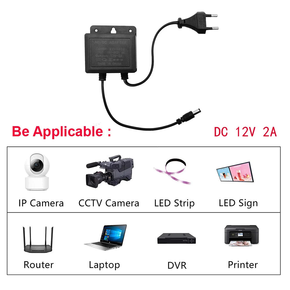DC12V 2A Waterproof EU Plug Power Adapter For CCTV Security Surveillance AHD Camera Charger NVR DVR Input AC100V-240V 5.5*2.1mm