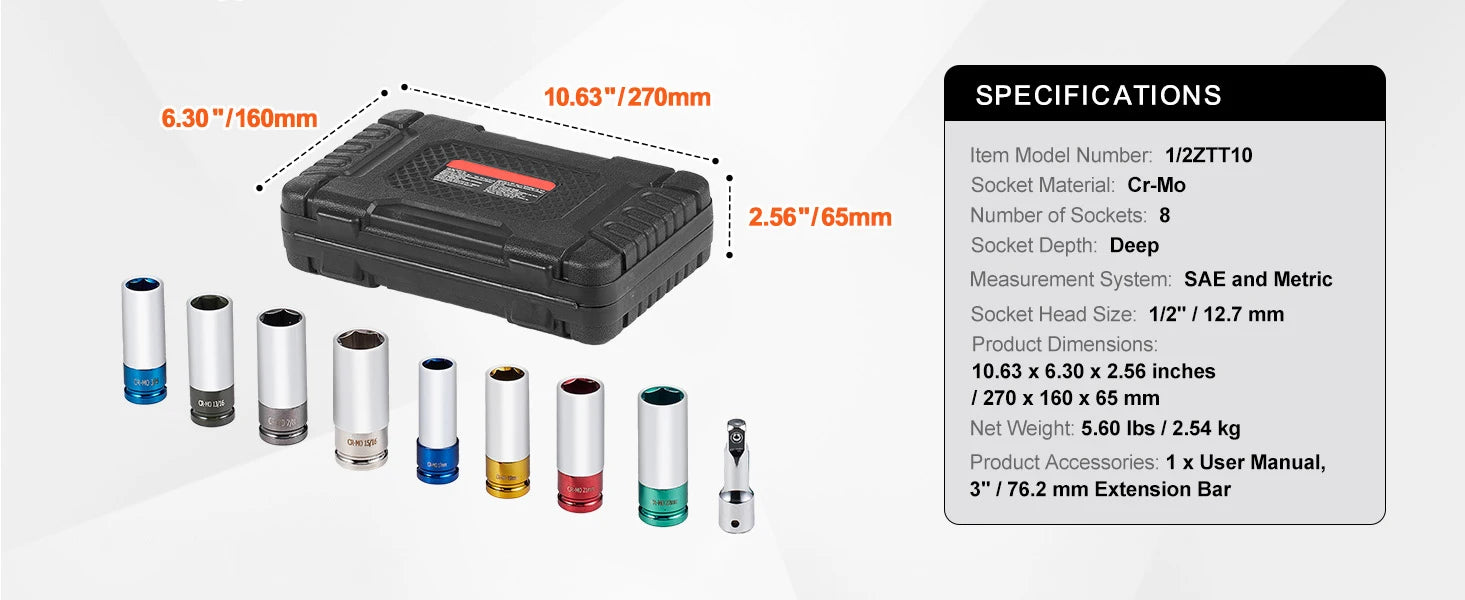 SucceBuy Axle Nut Impact Socket Set Drive Deep 6-Point 8-Piece SAE Spindle Nut Socket Set CR-MO Heat Treated Large Socket Set