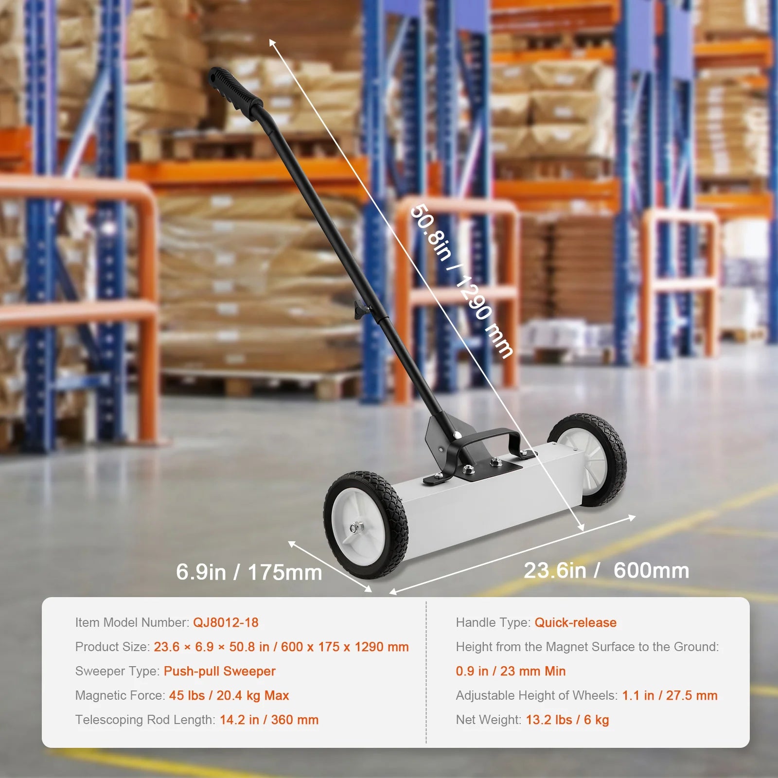 15" Rolling Magnetic Sweeper with Wheels for Nails & Metal Debris