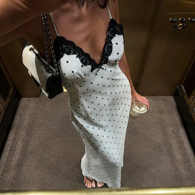 Tossy Lace V-Neck Patchwork Maxi Dress Women Backless High Waist Slim Spaghetti Contrast Party Dress Female Spring Long Dress