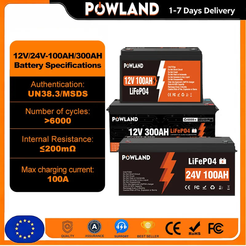 POWLAND LiFePO4 Battery 12.8V 100Ah 300Ah / 25.6V Lithium Iron Phosphate, Built-in BMS, 6000+ Cycles, IP65 for RV, Boat, Inverter, and Solar Power