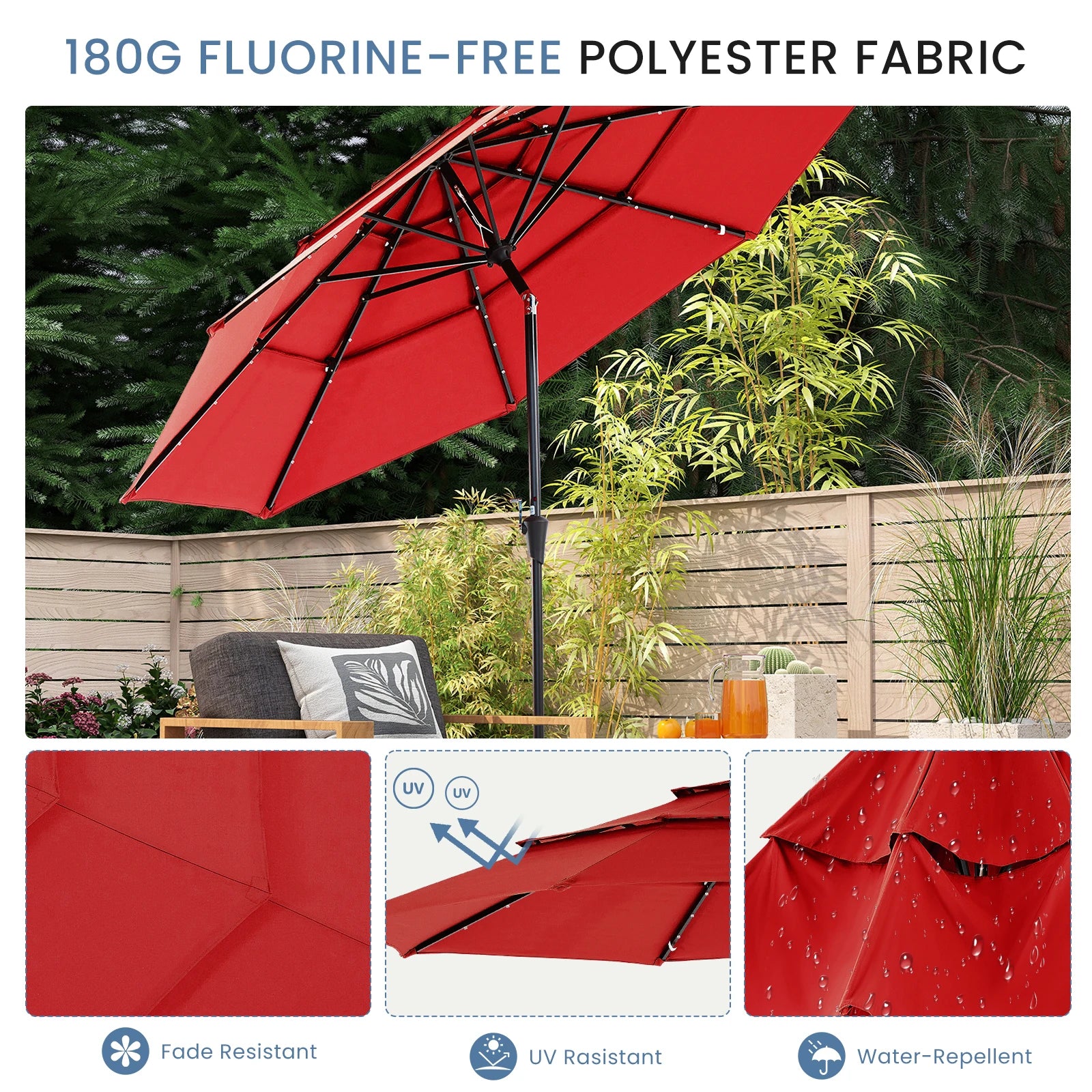 10 FT Solar LED Patio Umbrella with Tilt & Crank Shade