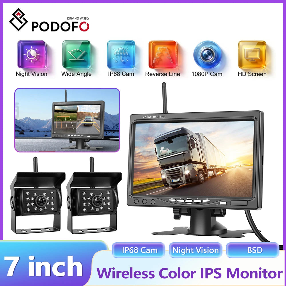 Podofo7 moniteur voiture et caméras arrière sans fil doubles vision nocturne 1080P caméra de recul pour camping-car RV camion bus