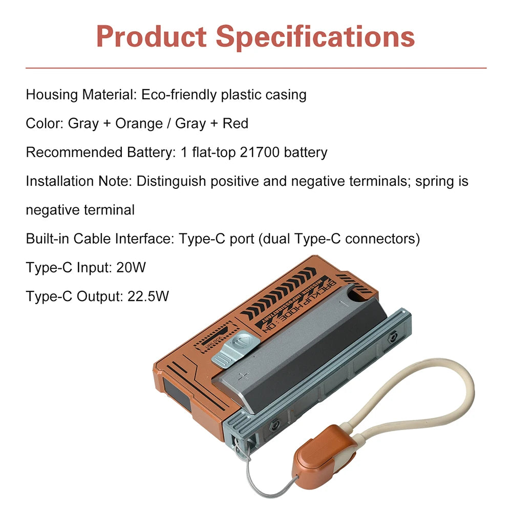 Solderless 21700 Power Bank Case with Detachable USB-C Cable