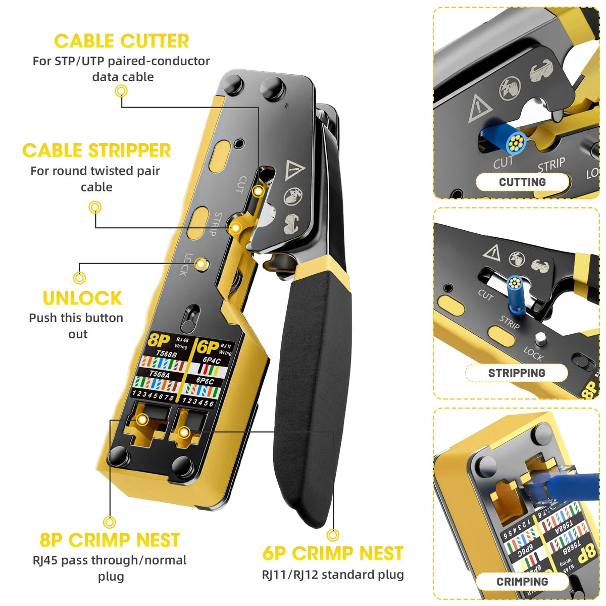Pass-Through RJ45 Crimp, Cut and Strip Tool