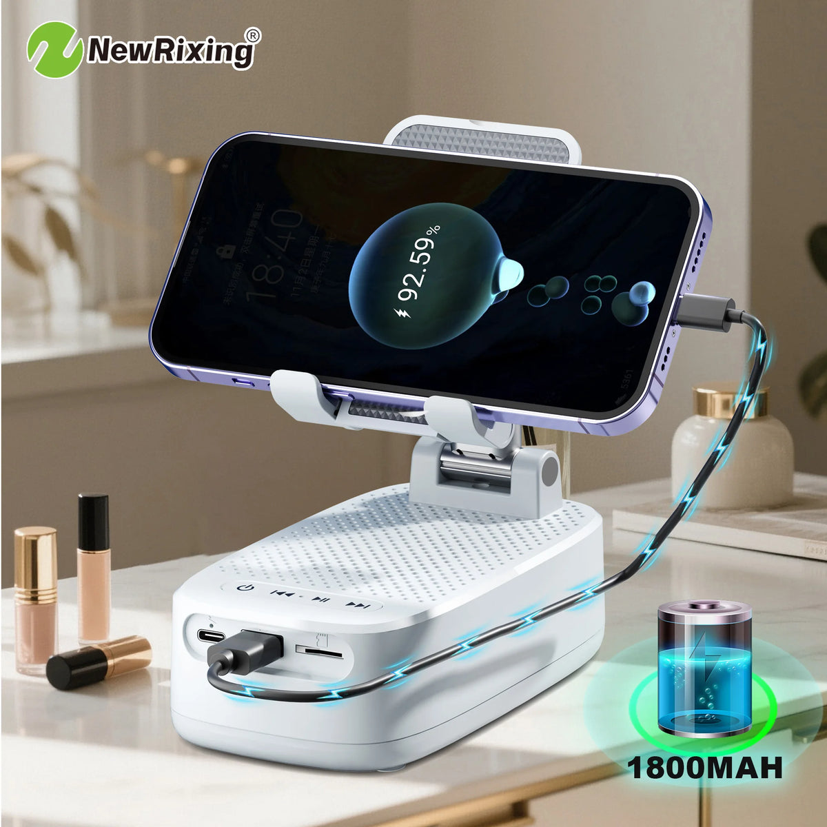 Wireless Phone Holder, Portable Speaker, Speaker Phone Holder, Emergency Power Bank, 1800mAh Battery, USB Charging, Hands-Free