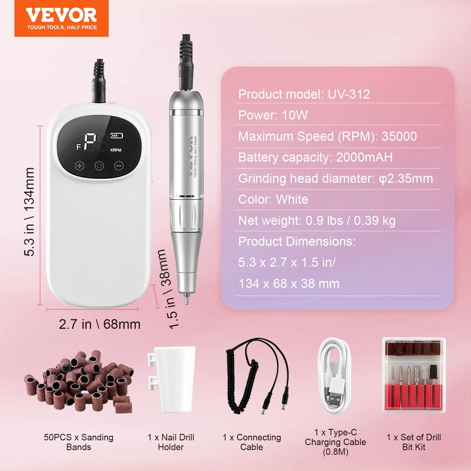 VEVOR Electric Rechargeable Nail Drill 35000/4000RPM Portable Cordless Nail E File Machine for Manicure Pedicure Carve Polish