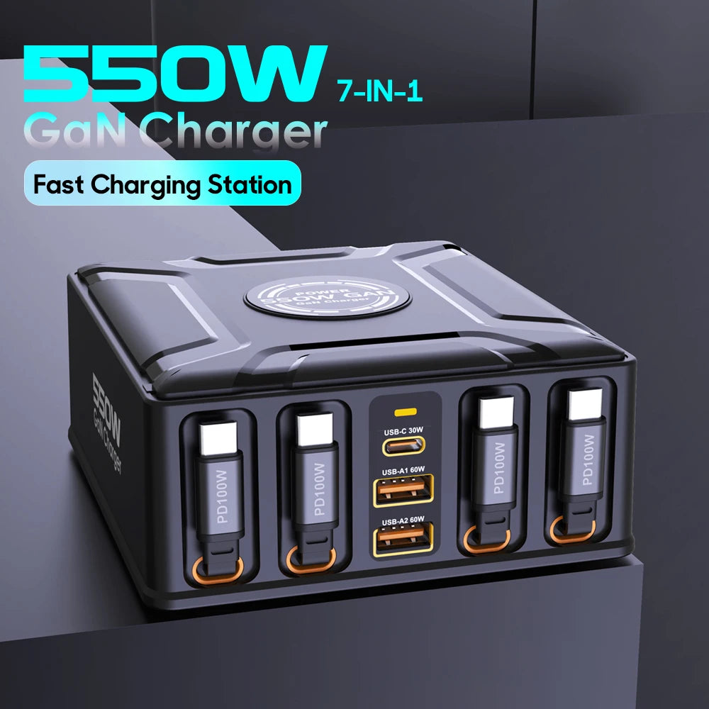 Nabíjacia stanica 7 v 1 s výkonom 550 W a 100W vysúvateľnými USB-C káblami