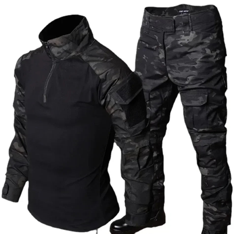 Black Camo Training Sets 1/4 Zipper Combat Tops Tactical Suits Hiking Pants Men Durable Shirts Multiple Pockets Wear-resisting