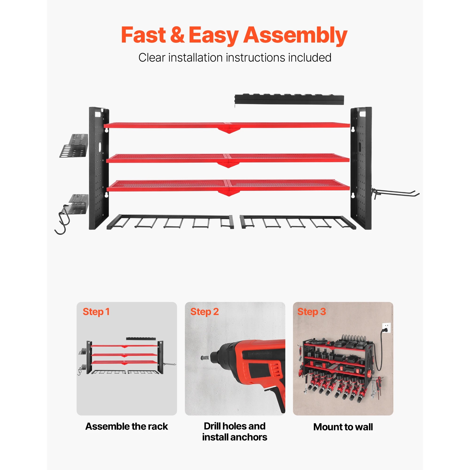3-Tier Wall Mounted Power Tool Organizer with Charging Station