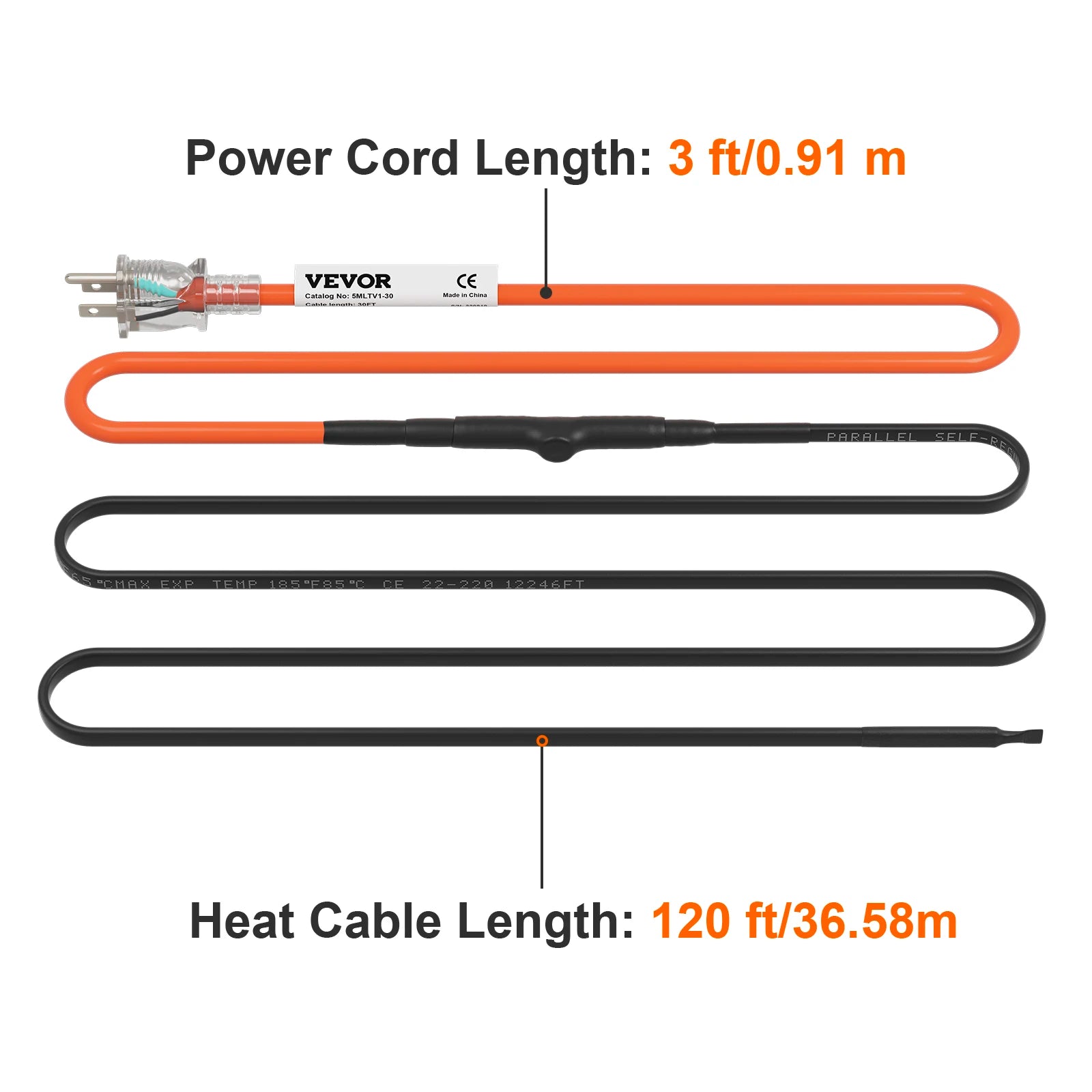 Self-Regulating Pipe Heating Cable for Freeze Protection 24–120ft