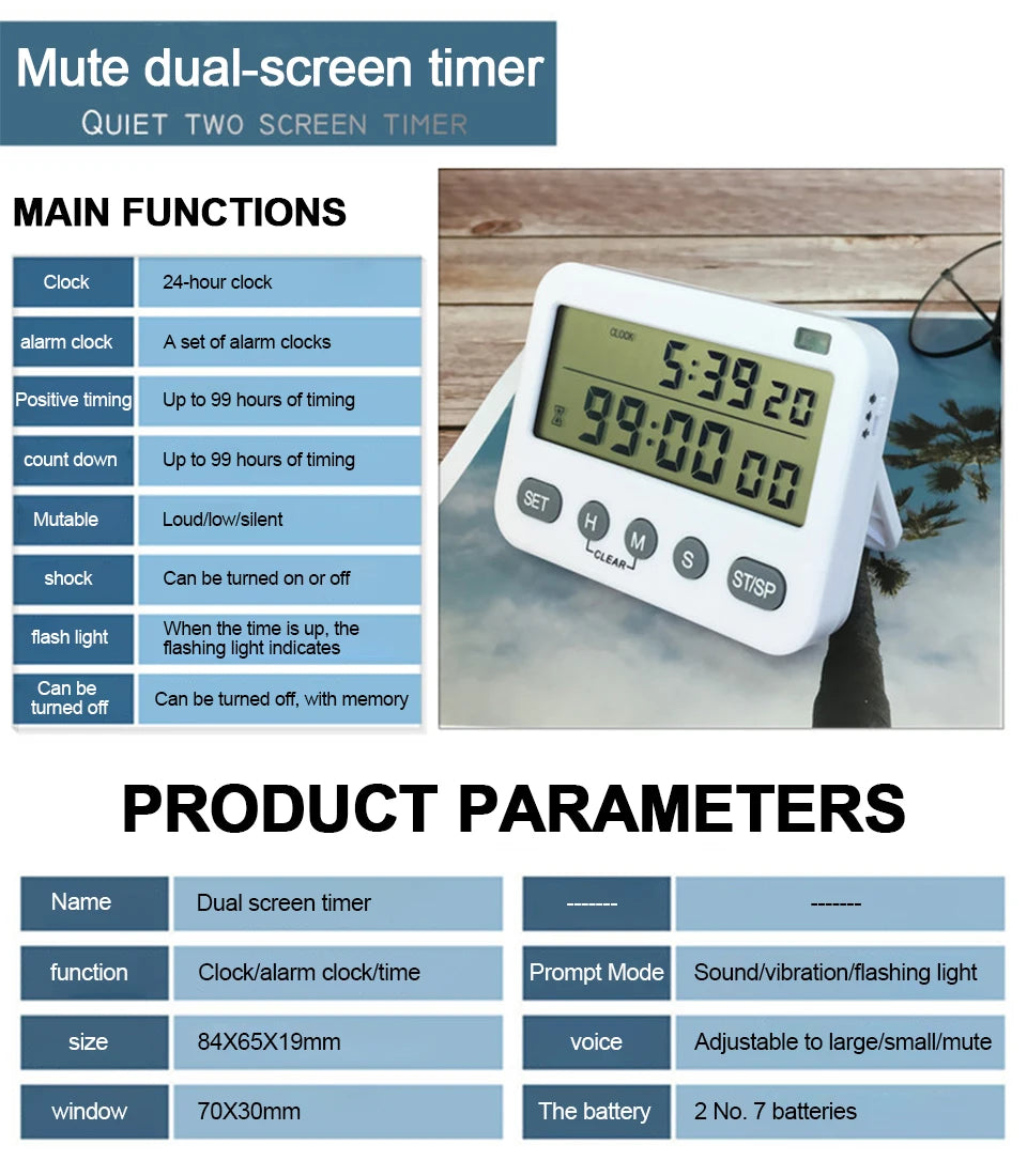 Dual Digital Kitchen Timer - Vibration Option