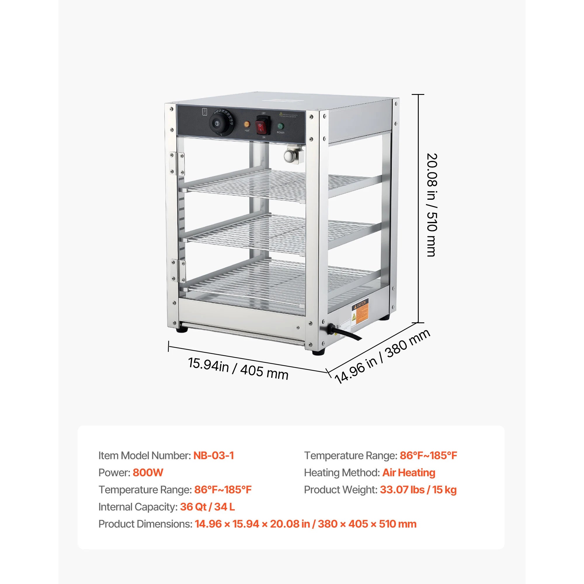 Commercial Food Warmer Display 800W with LED Light and Adjustable Stainless Steel Shelf