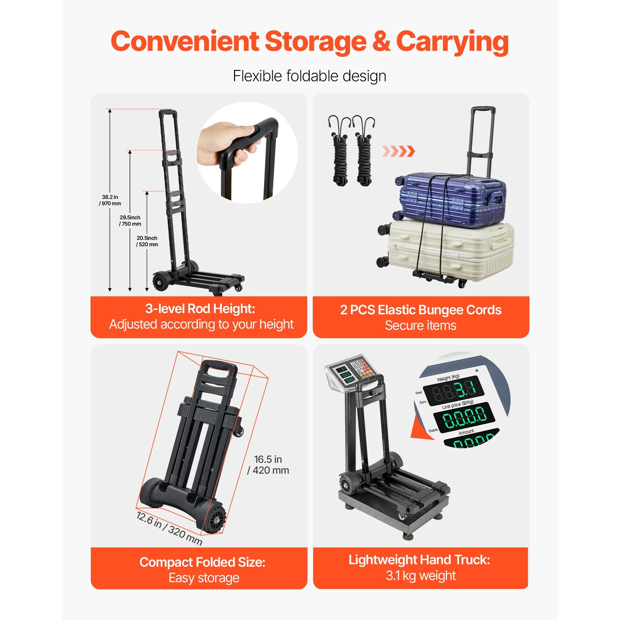 Folding Hand Truck 290lbs Capacity with 4 Wheels & Expandable Base